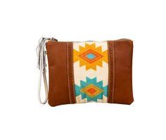 A delightful Southwest- and tribal-inspired design, in gorgeous colors, is the showpiece of this stunning bag. Tones of golden yellow, red and turquoise fill the upcycled woven rug, while panels of aged leather in warm cognac brown feature cross-stitched accents. Simply beautiful. The back is woven canvas in matching cognac brown. Zipper-close top with white leather wristlet carrying strap. Brown Southwestern Rectangular Shoulder Bag, Southwestern Brown Rectangular Shoulder Bag, Southwestern Style Brown Rectangular Shoulder Bag, Bohemian Handmade Brown Pouch, Handmade Bohemian Brown Pouch, Brown Woven Travel Pouch, Travel Woven Brown Pouch, Travel Brown Woven Pouch, Brown Leather Handle Pouch