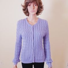 Size: Small Color: Lavender Material: 100% Polyester Measures: Arm Pit To Arm Pit Approximately 19" With Stretch, Length Approximately 24", Arm Length 28" Care: Machine Wash Cold, Reshape Lay Flat To Dry Description: Beautiful Lavender Crew Neck Button Up Heavy Cable Knit Cardigan Sweater Has Never Been Worn In Excellent Condition Fitted Lavender Winter Sweater, Fitted Lavender Sweater For Winter, Fitted Long Sleeve Lavender Sweater, Fitted Lavender Long Sleeve Sweater, Purple Long Sleeve Cable Knit Cardigan, Long Sleeve Purple Cable Knit Cardigan, Lavender Winter Sweater, Elegant Purple Sweater For Spring, Elegant Spring Purple Sweater