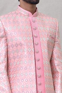 Pink sherwani with geometric embroidery and attached inner kurta. Paired with a trouser. - Aza Fashions Designer Pink Sherwani For Festive Season, Festive Straight Kurta Sherwani With Motifs, Ceremonial Fitted Kurta With Motifs, Festive Straight Sherwani With Motifs, Designer Sherwani With Motifs For Festivals, Festive Sherwani With Motifs, Designer Fitted Kurta With Motifs, Designer Sherwani With Motifs For Diwali, Wedding Sherwani With Motifs Straight Kurta