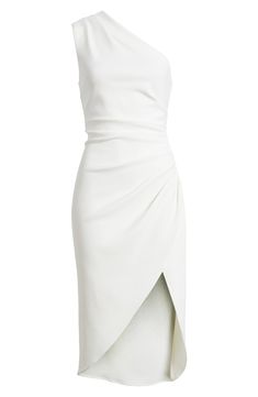 Alluring angles shape the silhouette of a crepe cocktail dress that will get glasses raised in tribute. 37" to 47 1/2" length (size Medium) Hidden side-zip closure One-shoulder neck Sleeveless Partially lined 95% polyester, 5% spandex Hand wash, dry flat Imported Fitted Pre-draped Asymmetrical Cocktail Dress, Pre-draped Asymmetrical Midi Dress For Dinner, Cocktail One-shoulder Dress With Ruched Bodice, Chic Fitted One-shoulder Dress With Ruched Bodice, Chic Fitted One Shoulder Dress With Ruched Bodice, Asymmetrical Evening Dress With Ruched Bodice For Cocktail, Fitted One Shoulder Midi Dress For Wedding, Asymmetrical Midi Dress With Ruched Bodice, Modern Party Dress With Structured Boning