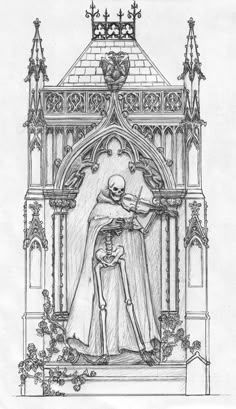 a black and white drawing of a skeleton hugging a man in front of a gothic church