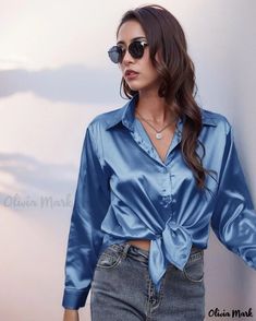 OliviaMark - Elegant Autumn Long Sleeve Shirt crafted in Luxurious Faux-Silk Satin Sleeve Stencil, Leather Jumpsuit, Maxi Dresses Fall, Spandex Top, Cardigan Outfits, Linen Maxi Dress, Style Cardigan, Silk Shirt, Blue Blouse