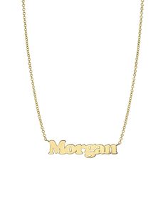 Classic and timeless 14k solid gold ID name necklace in our chic block font, with your choice of upper or lower case, hanging from a dainty chain with the length of your choice. Please enter up to 10 characters in the text field, for a heart symbol please enter ''(heart)''. Please note that the personalization box is case sensitive, so type in exactly how you would like your name to appear, with the correct upper/lowercase font. If you are interested in an ID necklace with more than 10 character Classic Everyday Customizable Necklaces, Classic Everyday Customizable Necklace, Classic Gold Name Necklace With Initials, Classic Nameplate Initial Necklace, 14k Gold Nameplate Initial Necklace For Anniversary, 14k Gold Nameplate Necklace With Initials, Classic Initials Name Necklace For Anniversary, Classic Initial Necklace For Personalized Gift, Classic Yellow Gold Necklaces With Names