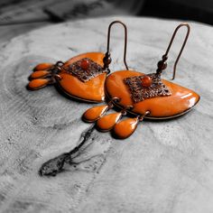 orange earrings, boho earrings, enamel earrings, large earrings, designer earrings, unique gift for women, Created from eight pieces of copper that I hot enameled then combined with copper metal elements Dimensions total length: 6 cm width 4 cm Bohemian Orange Copper Earrings, Orange Copper Bohemian Earrings, Artisan Orange Copper Earrings, Unique Orange Metal Earrings, Handmade Orange Copper Earrings, Orange Earrings, Unique Gifts For Women, Earrings Large, Enamel Earrings