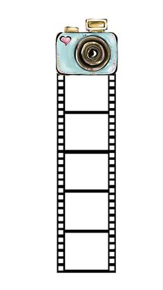 a drawing of a camera on top of a film strip with words written below it