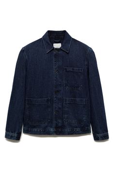 This nonstretch-denim jacket stands out on chilly days and nights with its striking dark-indigo wash and workwear-inspired patch pockets. Front button closure Spread collar Button cuffs Chest patch pocket; front patch pockets 100% cotton Machine wash, line dry Imported Utility Style Washed Blue Denim Jacket With Patch Pockets, Utility Washed Blue Denim Jacket With Patch Pockets, Blue Unstructured Denim Jacket With Pockets, Unstructured Blue Denim Jacket With Pockets, Blue Utility Jacket With Patch Pockets And Relaxed Fit, Unstructured Medium Wash Denim Jacket With Pockets, Relaxed Fit Denim Outerwear With Patch Pockets, Denim Outerwear With Patch Pockets And Relaxed Fit, Dark Wash Utility Jacket With Flap Pockets