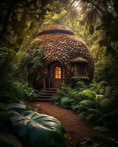 a small house in the middle of some trees and bushes, surrounded by greenery