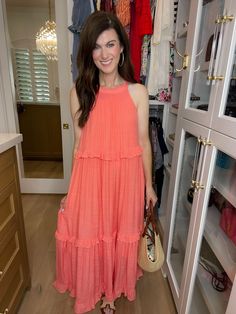 Get ready to dream of summer in our Summer Dream Maxi Dress! Made with lightweight, airy fabric, this gorgeous coral dress has that effortless feel and features a tiered body with ruffle trim. Add a slicked back ponytail or bun and pair with sandals or wedges for the perfect summer look. Carefree, chic, and easy - it's the perfect summer dress! This if fully lined. Strap length can be adjusted in the back. Dress measures 53" in length. Bust measures 22" from underarm seam to seam. Measurements t Back Ponytail, Slicked Back Ponytail, Twirly Skirt, Deodorant Stains, Coral Dress, Summer Dream, Scarf Hat, Back Dress, Summer Look