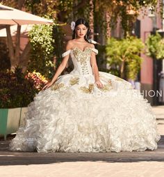 White And Gold Charro Quince Dress, White Charro Quinceanera Dresses, Quince Charro Dresses, Charro Theme Quinceanera, Mariachi Quinceanera Dress, Fantasy Culture, Gold Quince Dress, Charro Dress, Long Strapless Dress