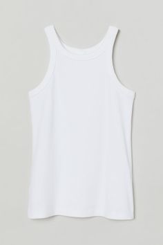 Fitted tank top in ribbed cotton jersey with a round neckline. Capsule Wardrobe List, Brunch Outfit Spring, Fashion Basics, Calf Length Dress, Brunch Outfit, Ribbed Tank Tops, Workout Tank Tops, White Tank Top, Vest Top