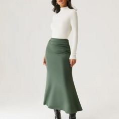 Ruched Side Mermaid Maxi Skirt-Brushed Inside In Moss