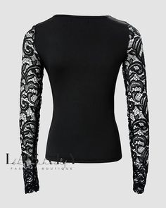 Lasaky - Stylish Cutout Long Sleeve Top with Contrast Lace Detailing Stretch Lace Top With Crew Neck For Fall, Stretch Long Sleeve Lace Top, Stretch Lace Long Sleeve Top, Fitted Long Sleeve Top With Lace Sleeves For Fall, Fitted Long Sleeve Lace Top For Fall, Fitted Crew Neck Lace Top, Fitted Crew Neck Top With Lace Sleeves, Stretch Lace Top For Fall, Fall Stretch Lace Top