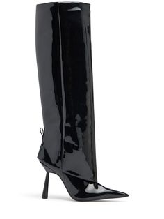 100mm Heel. Faux patent leather upper. Pull on. Leather lining and insole. Leather sole Gia Borghini, Leather Tall Boots, Versace Brand, Black Boots Tall, Ski Accessories, Tall Leather Boots, Concert Fits, Fall 2023, Flat Espadrilles