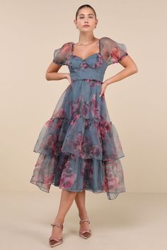 Ideally Lovely Slate Blue Floral Organza Lace-Up Midi Dress Fitted Organza Midi Dress For Formal Occasions, Formal Fitted Organza Midi Dress, Fitted Organza Dress For Garden Party, Sheer Fitted Midi Dress For Wedding Guest, Fitted Organza Midi Dress For Wedding Guest, Spring Fitted Organza Midi Dress, Fitted Organza Midi Dress With Sweetheart Neckline, Fitted Organza Midi Dress For Spring, Sheer Organza Dress For Wedding Guest