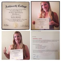 two pictures of a woman holding up a certificate