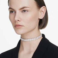 Millenia choker, Octagon cut, White, Rhodium plated by SWAROVSKI Luxury Diamond Choker For Formal Occasions, Formal White Gold Choker Jewelry, Formal White Gold Choker, Luxury Diamond Silver Choker, Luxury Silver Diamond Choker, Luxury Crystal Choker Jewelry, Diamond White Choker For Formal Events, Diamond White Choker For Formal Occasions, Luxury White Gold Choker