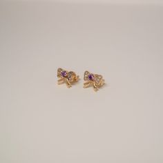 18K Gold Filled Quality CZ Stones Gold Crystal Earrings With Sparkling Stones For Gift, Gold Clip-on Earrings With Sparkling Stones, Yellow Gold Crystal Earrings With Sparkling Stones For Gift, Yellow Gold Crystal Earrings With Sparkling Stones, Gold Cubic Zirconia Clip-on Earrings For Gift, Purple Bow, Purple Bows, Bow Earrings, Cz Stone