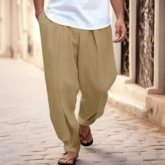 Season:Spring  Summer; Fabric:100% Cotton; Gender:Men's; Style:Basic,Fashion; Occasion:Holiday,Daily,Casual; Fit Type:Regular Fit; Function:Breathable,Comfort; Waistline:Mid Waist; Pattern:Plain; Design:Pleats,Front Pocket; Brand:OUKU; Pants Type:Trousers,Tapered Carrot Pants,Beach Pants,Summer Pants; Fly Type:Button; Front page:FF; Listing Date:07/11/2023; Hips:; Length:; Waist:; Fit US Size:null; Fit UK Size:null; Fit EU Size:null Casual Straight Harem Pants For Summer, Casual Summer Harem Pants, Casual Beach Pants For Leisure, Cotton Pants For Beach Season, Non-stretch Leisure Bottoms For Summer, Ankle-length Solid Color Beach Bottoms, Solid Color Ankle-length Beach Bottoms, Casual Solid Color Harem Pants For Vacation, Casual Relaxed Fit Harem Pants For Summer