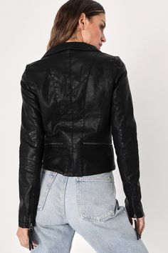 Weekday or not, spice up the night with the Lulus Up on a Tuesday Black Vegan Leather Jacket! This sleek moto jacket has a collared neckline, long sleeves with zipper cuffs, and eye-catching top-stitching throughout. Gunmetal zippers provide a centered front zipper, decorative zipper pockets, and horizontal zips above the hem. Fit: This garment fits true to size. Length: Above mid-thigh. Size medium measures 22" from shoulder to hem. Bust: Great for any cup size. Waist: Loosely Fitted. Undergarm Chic Fall Biker Jacket With Lapel Collar, Chic Biker Jacket With Lapel Collar For Fall, Edgy Cropped Jacket With Zipper For Fall, Spring Fitted Biker Jacket With Lapel Collar, Fitted Biker Jacket With Lapel Collar For Spring, Edgy Leather Jacket With Zipper For Party, Edgy Cropped Jacket With Zipper For Night Out, Fitted Biker Cropped Jacket With Long Sleeves, Casual Fitted Biker Jacket With Lapel Collar