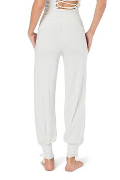 "White leggings, yoga boho pants, harem pants, loose fit wide trousers, comfy pants for travel, pants with pockets, balloon pants for women. Unique adjustable waist harem pants leggings, made of lycra and cotton, super comfortable and breathing natural fabric, stretchy and has 2 pockets. Fits for your daily sports activities, dancing, yoga, pilates, mindfulness etc. and for boho festivals and events. You'll never want to get out of it cause it's so comfy. This is a part of my new collection, whi Comfortable Stretch Wide Leg Yoga Pants, Comfortable Ankle-length Yoga Pants For Loungewear, Comfortable Yoga Pants With Comfort Stretch, Comfort Stretch Pants For Yoga, Stretch Full Length Yoga Pants For Lounging, Spring Full Length Yoga Pants For Lounging, Spring Full-length Yoga Pants For Lounging, Yoga Joggers With Elastic Waistband, Long Yoga Pants With Elastic Waistband For Loungewear