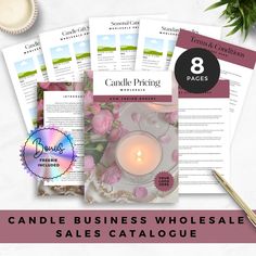 candles and flowers with the text candle pricing wholesale sales catalogue 8 pages in front of it