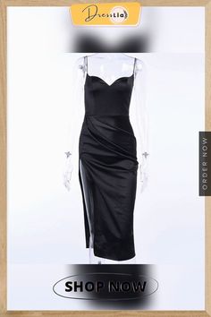 Black Silk Dress Women Sexy V-neck Sleeveless Hight Split Hem Knee-length Strap Dress Slim Summer Party Dresses Women Elegant V-neck Suspender Dress For Date Night, Sleeveless Satin V-neck Dress For Summer, Chic Sleeveless V-neck Party Dress, Elegant V-neck Halter Dress For Parties, Satin Sleeveless V-neck Dress For Evening, Satin Sleeveless V-neck Evening Dress, Summer Party Satin V-neck Dress, Summer V-neck Dress With Sweetheart Neckline For Party, Sleeveless Satin Suspender Dress For Night Out