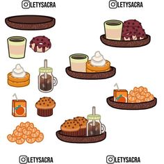 different types of desserts on plates with drinks and cookies in the middle one is labeled lettysaba