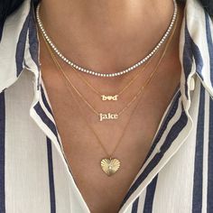 Our number 1 best selling "Mini Me" necklace is now available in all diamonds! LOWERCASE letters only. Names/words only. Price is based on the number of letters. 14K Yellow Gold, 14K White Gold, 14K Rose Gold Height: Approx. 0.15" - 0.18" (size depends on the letter) Length: Based on number of letters - up to 10 allowed ALL LOWERCASE LETTERS ONLY FINAL SALE Mini Me, Lower Case Letters, Number 1, Final Sale, Chain Necklace, Gold Necklace, Diamonds, White Gold, Yellow Gold