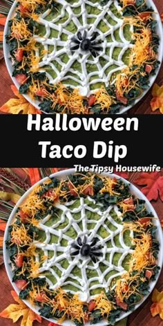 halloween taco dip recipe with spinach, cheese and other toppings on it