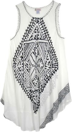 Trapeze Beach Cover up with an Azteca PrintThis is a stylish beach dress with an exotic vibe in cool tones. Artsy boho summer beachwear can be worn as a bikini cover up or a kaftan or swing dress for the after party. A sheer sexy white and black beach dress in rayon which is very lightweight and easy on the skin. A perfectly symmetric design and flowy a hemline. It is light as a breeze, easy to get in and out of so comfortable and easy to move about in. Its free flowing construction means it can Black Beach Dress, Long Beach Cover Up, Beach Wrap, White Cover, Trapeze Dress, Dope Fashion, Summer Beach Wear, Boho Look, White Sleeveless