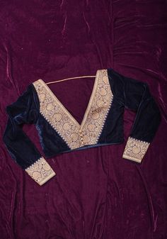 Midnight Blue Velvet Blouse With Antique Zari Plunge Neck Detailing, Made to Order - Etsy Qatar Festive V-neck Tops With Zari Work, Party V-neck Top With Zari Work, Bollywood Style Festive V-neck Top, Festive Bollywood V-neck Top, Elegant V-neck Tops With Zari Work, Elegant V-neck Top With Zari Work, Fitted V-neck Blouse With Zari Work, Bollywood Style V-neck Top With Zari Work, Elegant Blue V-neck Blouse Piece