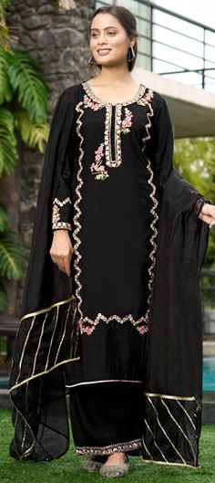 Black and Grey color Salwar Kameez in Art Silk fabric with Embroidered, Thread work Festive Black Floral Embroidered Palazzo Set, Anarkali Style Black Palazzo Set With Floral Embroidery, Black Anarkali Palazzo Set With Floral Embroidery, Festive Black Palazzo Set With Floral Embroidery, Elegant Black Sharara With Floral Embroidery, Eid Floral Embroidered Black Sharara, Eid Black Sharara With Floral Embroidery, Black Palazzo Set With Floral Embroidery For Eid, Black Salwar Kameez With Floral Embroidery For Eid