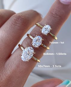 three different types of engagement rings on someone's finger with measurements for each ring