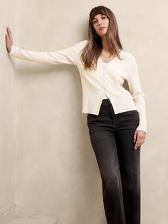 Ribbed Cardigan | Banana Republic Factory Versatile V-neck Cardigan With Button Closure, Classic V-neck Cardigan With Button Cuffs, Casual V-neck Sweater With Button Cuffs, Classic Long Sleeve Ribbed Cardigan, Elegant Button-up Ribbed Sweater, Elegant Ribbed Button-up Cardigan, Elegant Ribbed Button-up Sweater, Chic Long Sleeve Cardigan With Button Cuffs, V-neck Winter Top With Button Cuffs