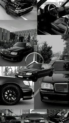 black and white photographs of cars parked in front of a building