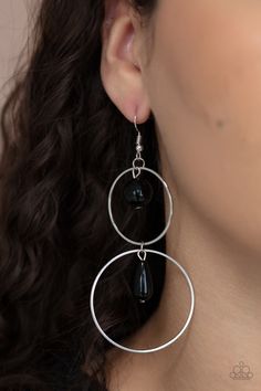 A classic black bead swings from the top of a shiny silver hoop that is linked to another silver hoop by a matching black bead, creating a stunningly stacked display. Earring attaches to a standard fishhook fitting.

 Sold as one pair of earrings. Live Text, Black Earring, Mobile Boutique, Family Jewels, Teardrop Beads, Paparazzi Accessories, Black Earrings, Paparazzi Jewelry, Shiny Silver