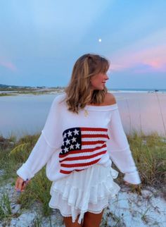 White Flag Sweater Usa Flag Sweater, Preppy Pullover, American Flag Sweatshirt, Anything Aesthetic, Flag Sweater, American Flag Sweater, Boat Neck Sweater, Cape Cod Style, Trends 2025