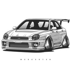 a drawing of a car with the hood up and front bumpers down, in black and white