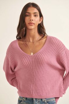 Easy Breezy Oversized Rib-Knit Sweater - ShopPromesa Oversized Knit Top With Ribbed Neckline, Oversized Chic Sweater With Ribbed Neckline, Oversized Ribbed Cropped Sweater For Layering, Oversized Pink V-neck Sweater, Pink Oversized V-neck Sweater, Fall V-neck Cropped Sweater For Layering, V-neck Knit Top With Ribbed Neckline, V-neck Ribbed Knit Top For Loungewear, Chic Textured Knit V-neck Cropped Sweater