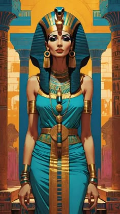 an egyptian woman in blue dress and gold jewelry