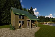 a small wooden cabin with a green roof