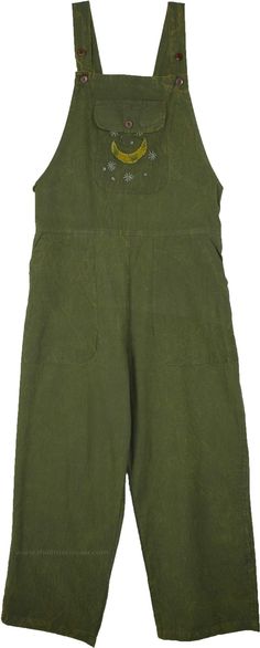 Cotton jumpsuit dungarees with moon crescent and stars on the bib pocket in the front and pockets on the side. It`s handcrafted in a slouchy style and features adjustable button shoulder straps and elastic at the back of the waist for flexibility and comfort. #tlb #Sleeveless #bohemianfashion #Handmade #festivalclothing #cottonjumpsuit #bohojumpsuit Green Cotton Shortalls With Pockets, Cotton Shortalls With Side Pockets, Relaxed Fit Shortalls With Side Pockets, Utility Jumpsuits And Rompers With Bib Front And Pockets, Utility Jumpsuit With Bib Front And Pockets, Sleeveless Relaxed Fit Shortalls With Pockets, Utility Jumpsuits With Side Pockets And Bib Front, Utility Wide Leg Overalls With Pockets, Utility Wide-leg Overalls With Pockets