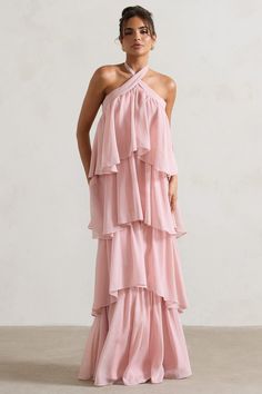 Kassiah Light Pink Halter-Neck Ruffle Maxi Dress – Club L London - USA Pink Flowy Tiered Skirt Dress, Bridesmaid Maxi Dress With Ruffle Hem, Floor-length Maxi Dress With Ruffle Hem For Wedding, Flowy Summer Gown For Wedding Guest, Wedding Maxi Dress With Floor-length Ruffle Hem, Summer Flowy Gown For Wedding Guest, Wedding Floor-length Maxi Dress With Ruffle Hem, Pink Summer Maxi Dress For Wedding Guest, Flowy Ruffled Maxi Dress For Bridesmaids