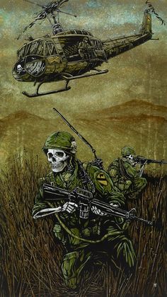 The American soldiers traverse the damp terrain while helicopter transport flies overhead. Painting Process The 20 x 36 aquaboard was first layered with acrylics... David Lozeau, Vietnam Art, Skeleton Art, Airbrush Art, Tom Brady