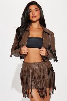 Available In Off White And Chocolate. Faux Leather Skirt Set Cropped Jacket Fringe Mini Skirt Zipper Button Closure Stretch 13" Length Shell: Facing: 100% Polyurethane Backing/ Lining: 100% Polyester Imported California Leather Skirt Set, Fringe Mini Skirt, Chocolate Fashion, Skirt Zipper, Fringe Skirt, Faux Leather Skirt, Cropped Jacket, Matching Dresses, Active Wear For Women