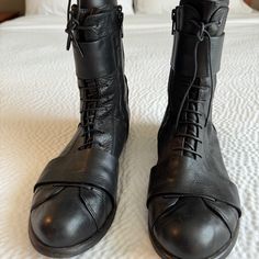 Unique Style Black Leather Lace-Up Boots In Size (Eu) 39 So Size 8-8.5 In (Us). Very Soft And In Excellent Condition. Black Moto Boots With Leather Sole And Cap Toe, Leather Lace Up Boots, Black Leather Boots, Leather Lace, Soft Black, Lace Up Boots, Leather And Lace, Shoe Laces, Leather Boots