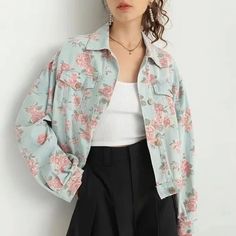 Stunning Floral Jean Jacket! Length Is Around 20” From Shoulders Runway Style Jacket With Puff Sleeves This Is Meant To Be An Oversize Loose Fit Style For The Look! Some Normal Denim Fabric Production Odor Which Disappears Once Washed Oversized Floral Print Outerwear For Spring, Oversized Floral Print Spring Outerwear, Spring Floral Print Oversized Outerwear, Long Sleeve Cotton Denim Jacket With Floral Print, Denim Floral Print Long Sleeve Outerwear, Trendy Cotton Outerwear With Floral Print, Pink Floral Print Casual Outerwear, Casual Pink Floral Print Outerwear, Spring Floral Print Long Sleeve Denim Jacket