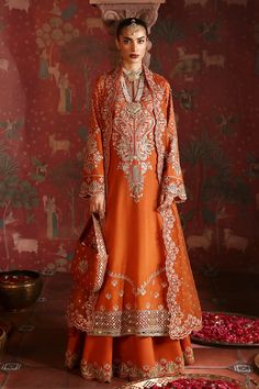 Luxury Orange Embroidered Pakistani Wedding Dress Kameez Sharara Mehndi Dress, Pakistani Wedding Dress, Chiffon Collection, Embroidered Neckline, Pakistani Designers, Desi Fashion, Silk Dyeing, Pakistani Wedding, Fabric Stores Online