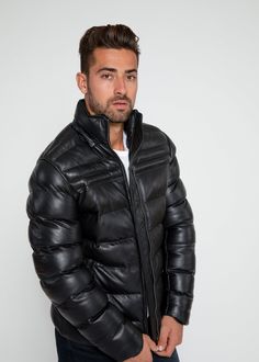 Fadcloset Men's Crimson Black Puffer Winter Down Leather Jacket with F - Himelhoch's Department Store Urban Leather Winter Outerwear, Quilted Leather Jacket For Winter, Winter Leather Outerwear With Padded Collar, Leather Puffer Jacket With Padded Collar, Casual Quilted Biker Jacket For Winter, Puffer Leather Jacket For Cold Weather, Puffer Leather Jacket With Long Sleeves For Cold Weather, Black Quilted Leather Jacket For Winter, Long Sleeve Puffer Leather Jacket For Cold Weather