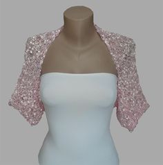 Romatic handknitted silky Pale Pink Summer Bridal Bolero Jacket for elegant finish over your dress.  Sizes:  Please, choose your size according to the measures given below or ask for Custom order. I can make this in PLUS size , also. S-M FOR back width from armpit to armpit: up to 33 cm/13 in Sleeve edge to sleeve edge approximately : 85 cm / 33 1/2 in Sleeve from armpit to elbow: 18 cm / 7 in Backlength: 34 cm / 13 1/2 in M-L FOR back width from armpit to armpit: up to 38 cm/15 1/2 in Sleeve ed Fitted Lace Cardigan For Party, Fitted Lace Cardigan With Crochet Lace, Fitted Lace Cardigan With Crochet Details, Elegant Fitted Open Knit Cardigan, Fitted Pink Open Knit Cardigan, Fitted Open Knit Crochet Top For Party, Elegant Crochet Lace Cardigan, Elegant Lace Crochet Top With Open Knit, Elegant Crochet Top For Wedding